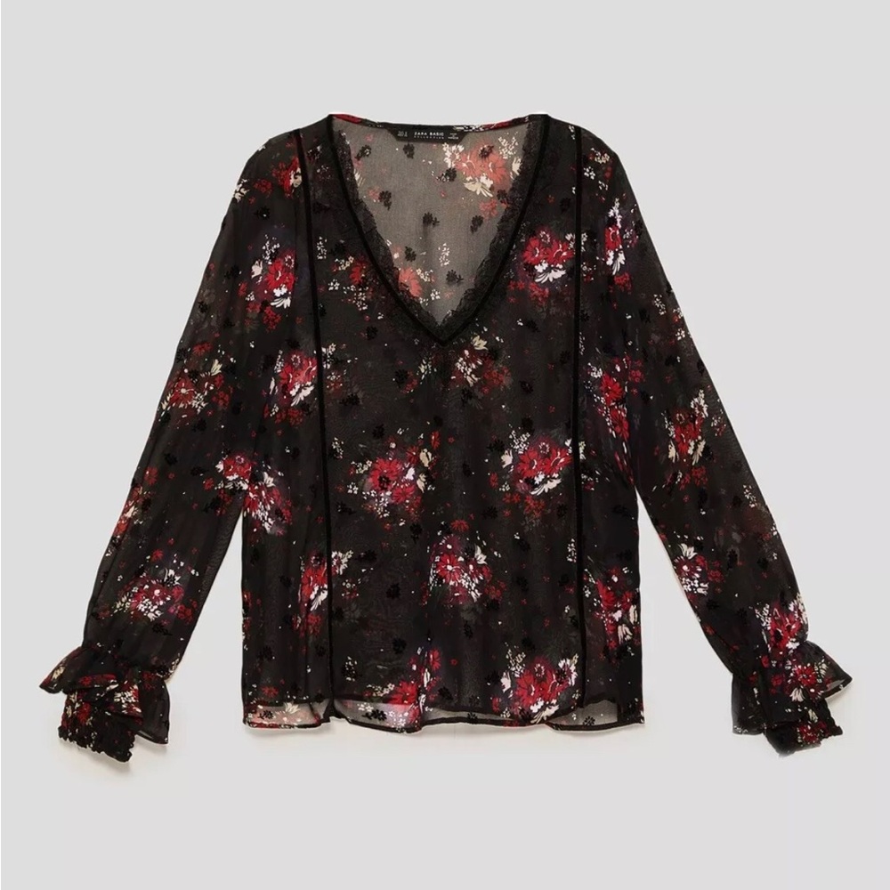 Zara Basic Sheer Dark Floral Velvet Accent V Neck Blouse w/ Ruffle Sleeve - Picture 2 of 14